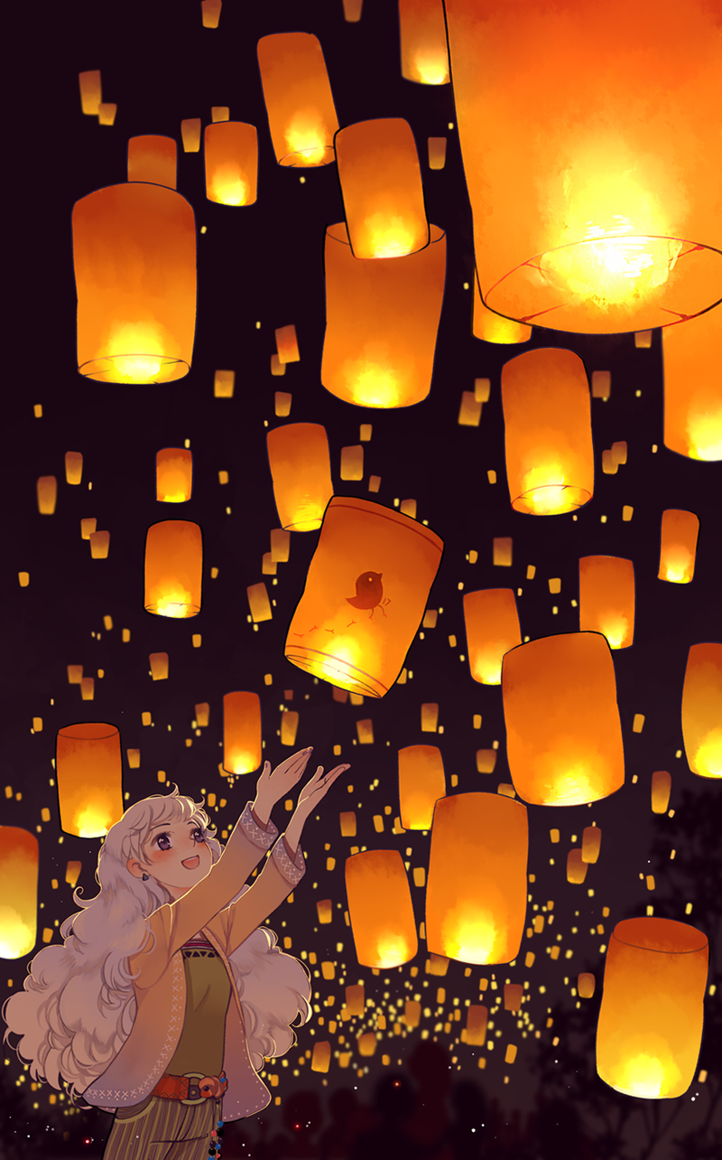 Фото Девушка запускает в ночное небо горящий фонарик, by Semcool