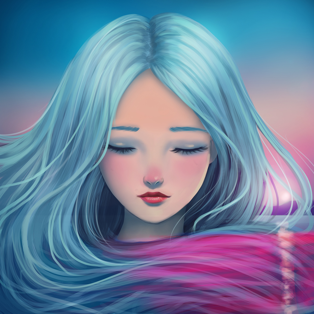 Фото Красивая девушка с розово-голубыми волосами на фоне неба, by Planium