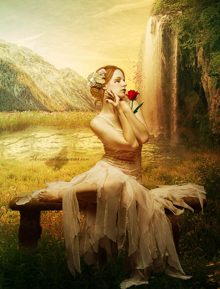 Фото Девушка с закрытыми глазами сидит на скамейке, прижав к себе красную розу на фоне горного водопада, by Maiarcita