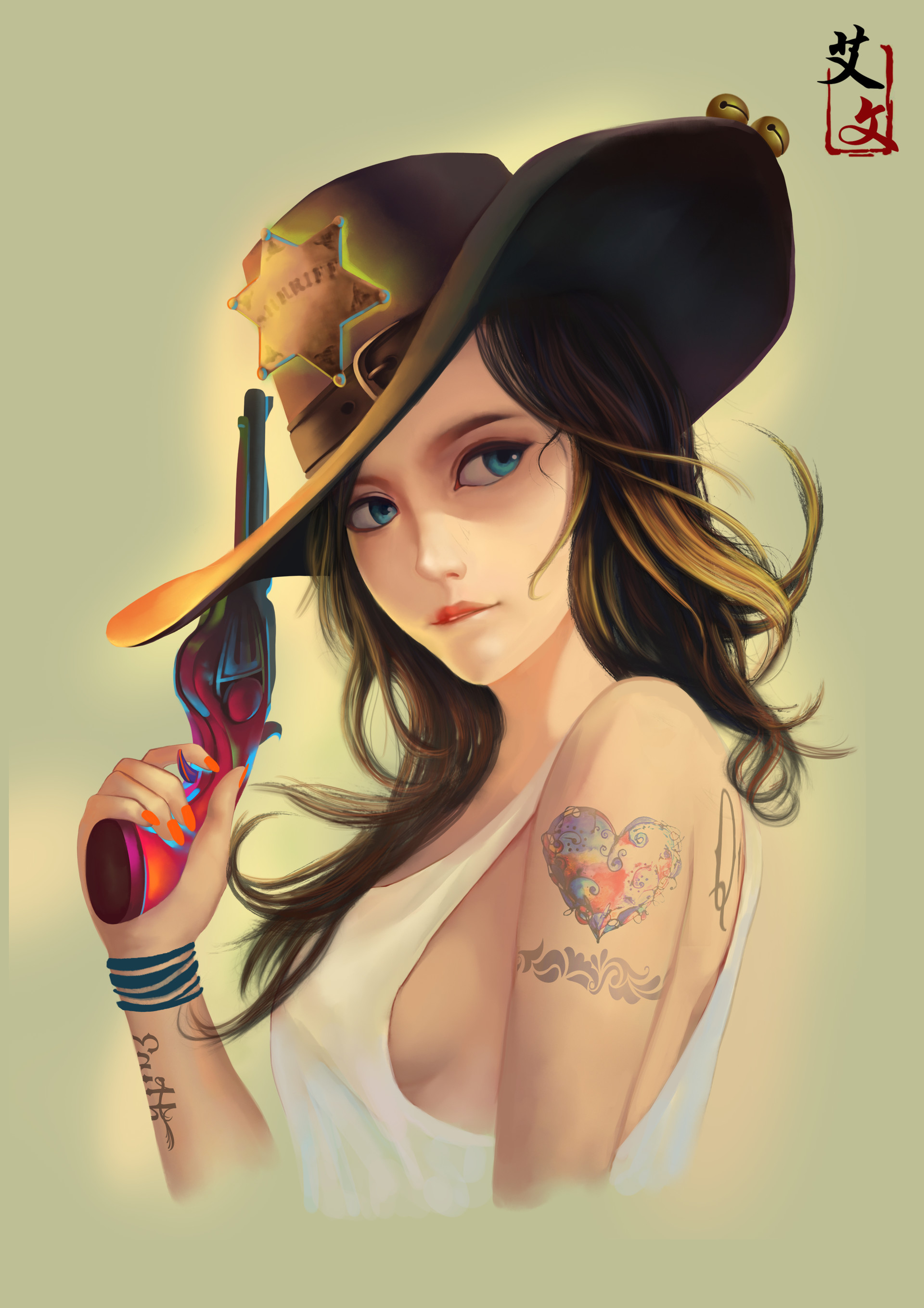 Фото Девушка в шляпе с револьвером в руке, by Arubin Chia