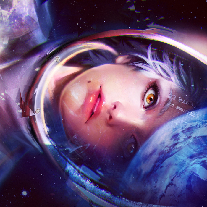 Фото Девушка смотрит на планету через шлем космонавта, by Hosino Hikaru
