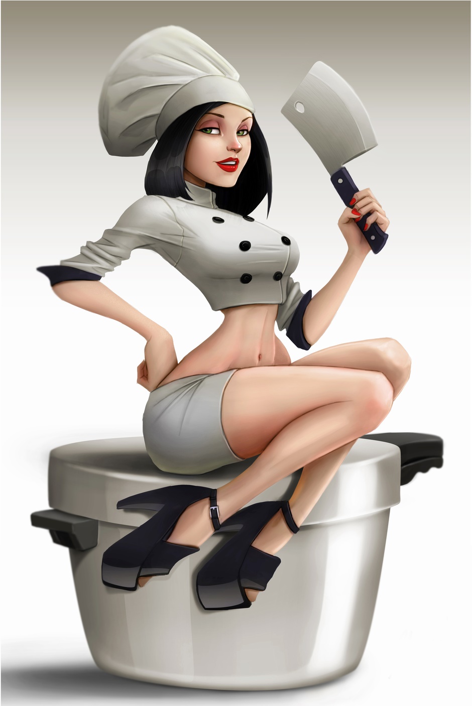 Фото Девушка-повар с ножом-топором сидит на кастрюле, by Mauricio Morali Romo
