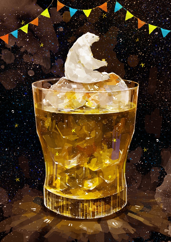 Фото Белый мишка сидит на кусочках льда в стакане лимонада