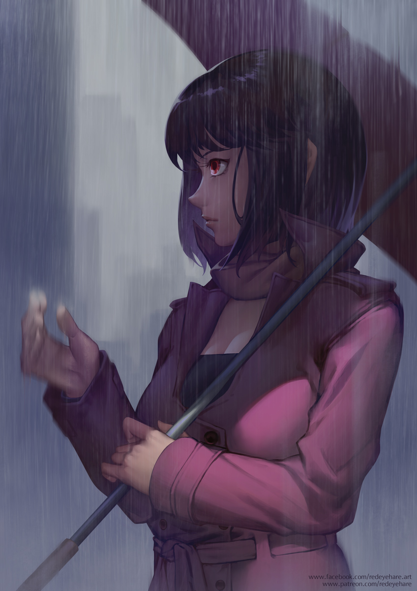 Фото Темноволосая девушка с алыми глазами стоит с зонтом под дождем, by redeyehare