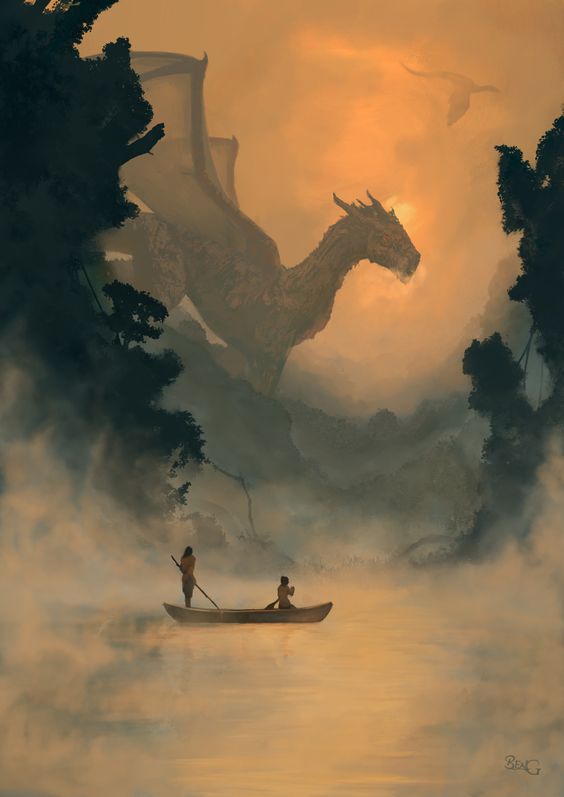 Фото На воде в тумане можно увидеть лодку с двумя людьми, вдали виднеется силуэт огромного дракона, в небе летит птеродактиль
