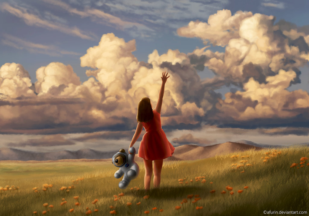 Фото Девочка с плюшевым медвежонком стоит в поле и протягивает руку к небу, by afurin