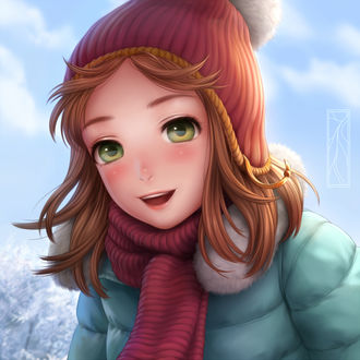 Фото Рыжеволосая девочка в шапке на фоне неба с облаками, by Kotikomori