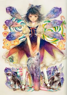Фото Cirno / Чирно на фоне сладостей и двух пингвинов из игры Touhou Project / Проект Восток, art by Yogisya