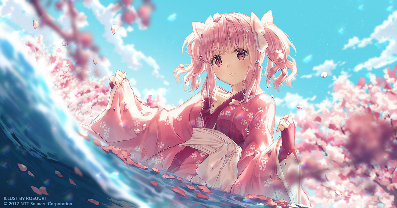 Фото Розоволосая девочка в кимоно стоит в воде, на фоне облачного неба и цветущей сакуры, by Rosuuri