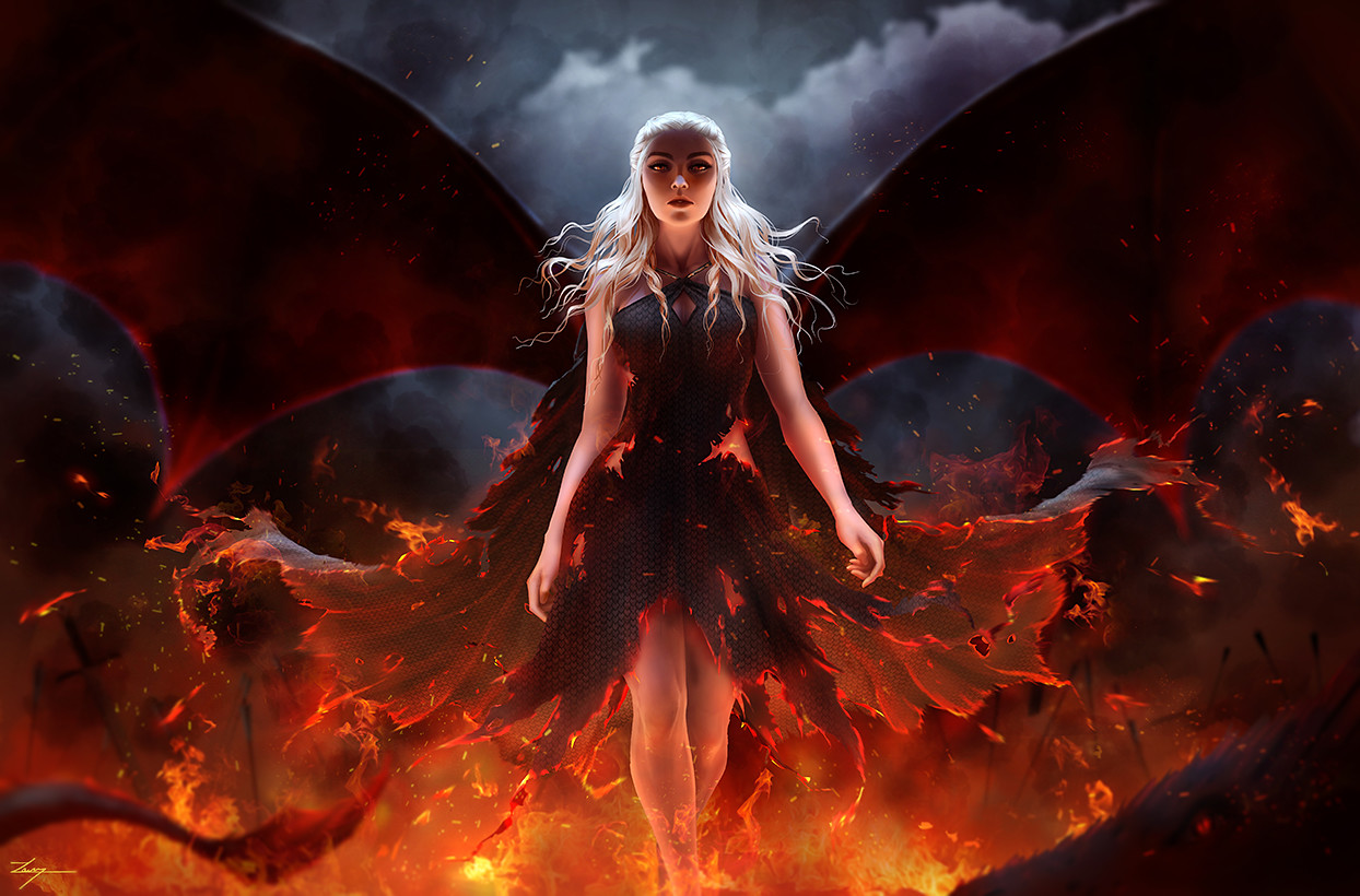 Фото Dragonborn Daenerys Targaryen / Драконорожденная Дейенерис Таргариен из сериала Игра престолов / Game of Thrones с крыльями за спиной, в огне, by Zarory