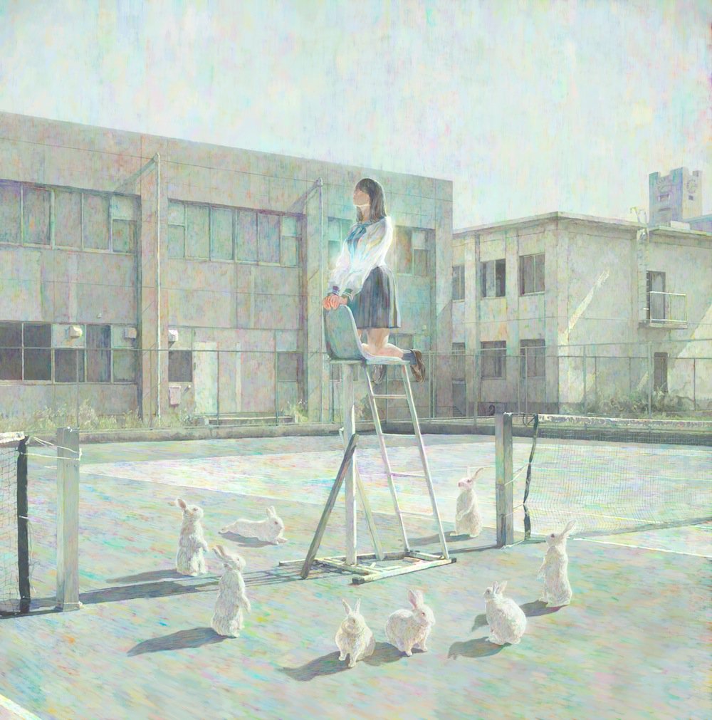 Фото Девочка стоит на лестнице в окружении кроликов
