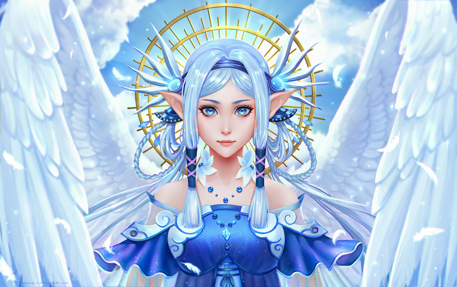Фото Красивая девушка-ангел с голубыми глазами на фоне облачного неба, by Midorisa