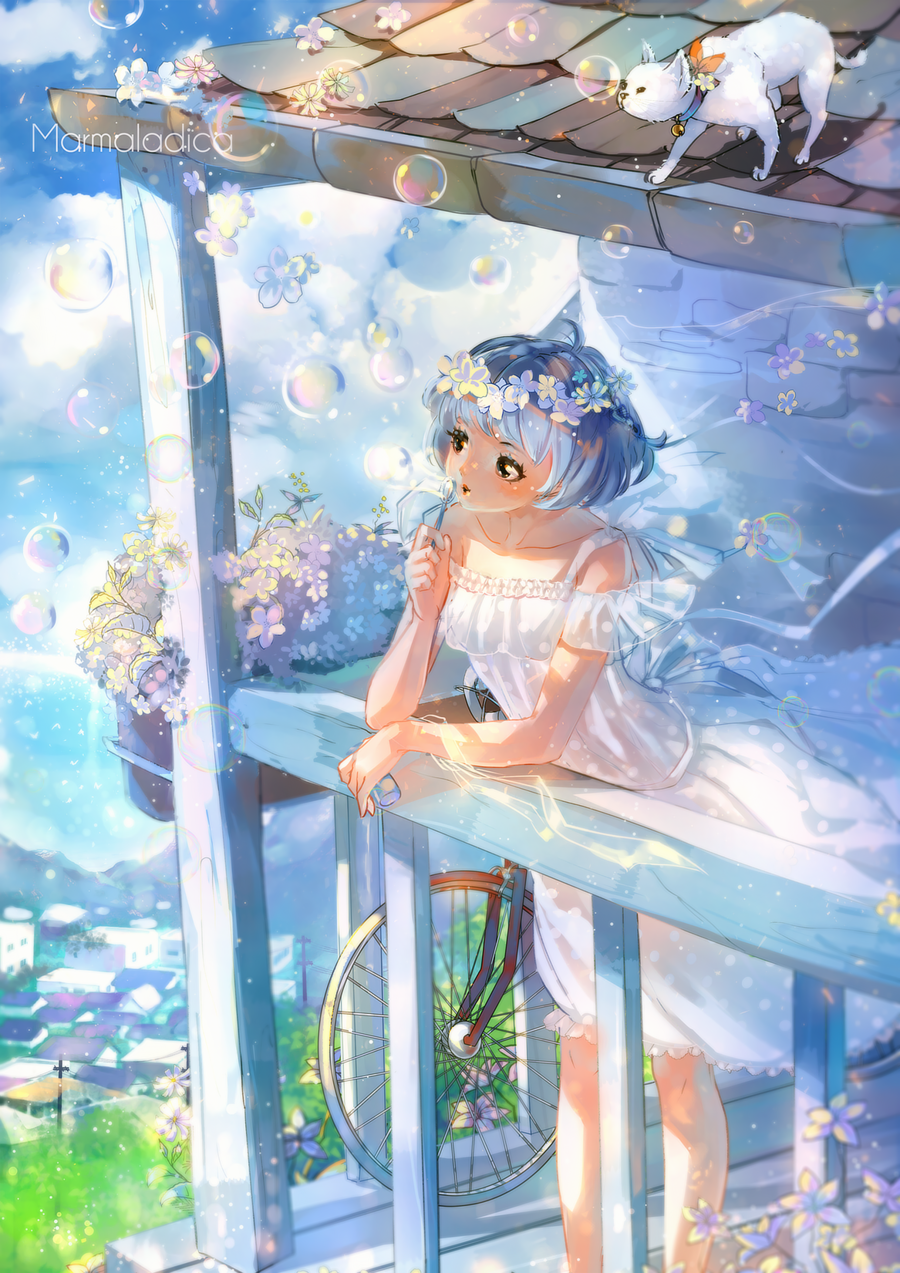 Фото Девушка в белом платье с голубыми волосами стоит на балконе и пускает мыльные пузыри, на крыше за ними наблюдает кошка, by Marmaladica