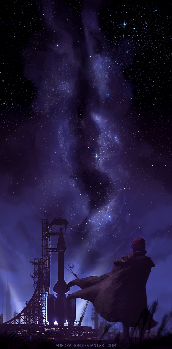 Фото Джин Старвинд / Gene Starwind из аниме Звездные рыцари со звезды изгоев / Seihou Bukyou Outlaw Star в развевающемся плаще стоит на фоне космической станции, by AuroraLion