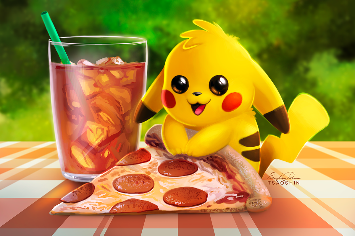 Фото Pikachu / Пикачу из аниме Pokemon / Покемон, с кусочком пиццы в лапках сидит возле холодного напитка, by TsaoShin