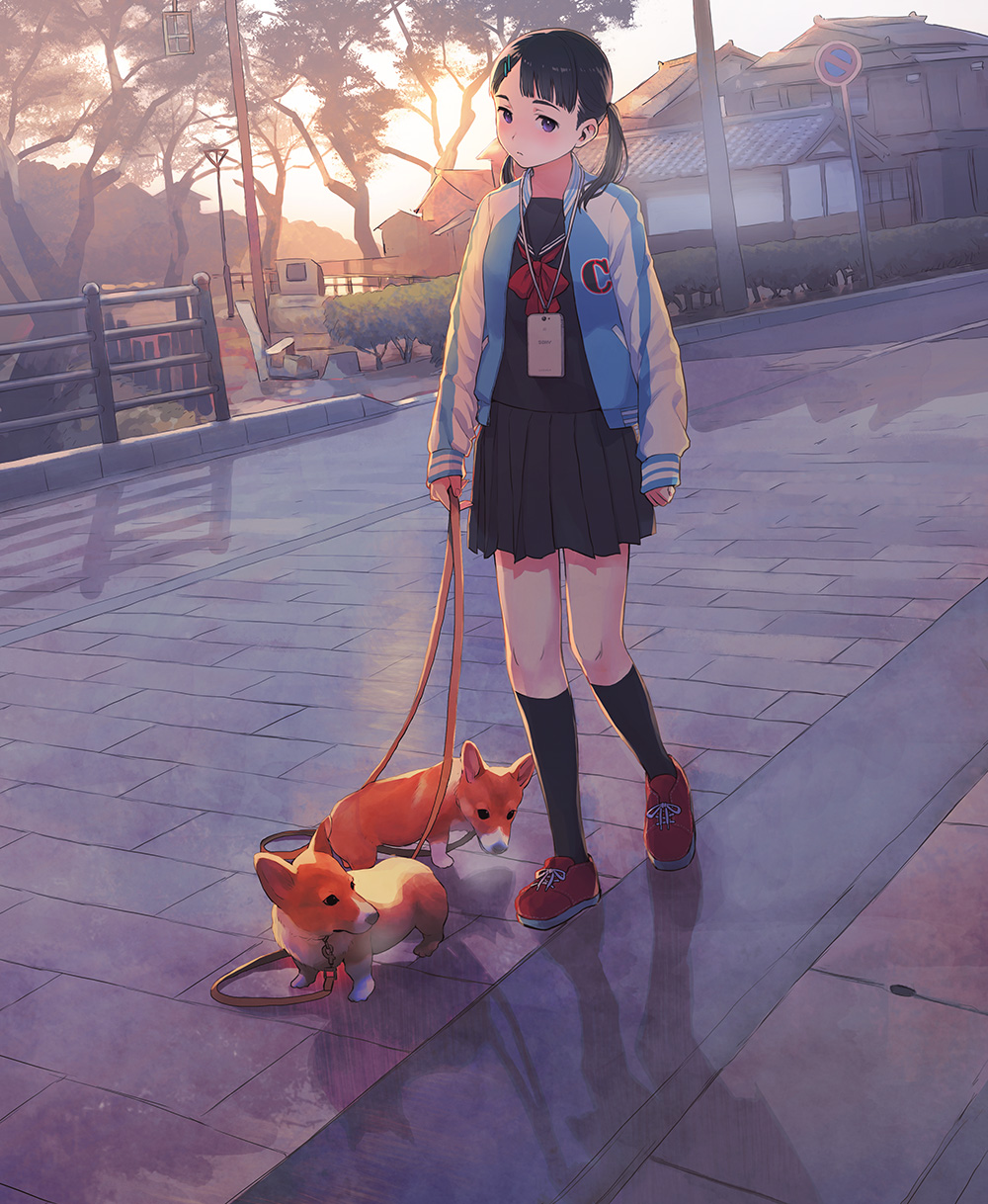 Фото Девочка со щенками на поводке стоит на дороге