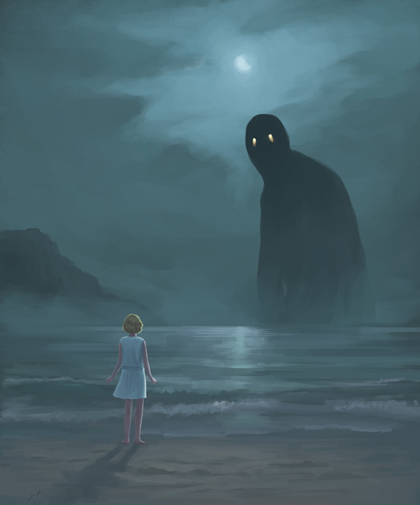 Фото Монстр выплывает из тумана на побережье моря перед девочкой, автор Kenneth Sofia