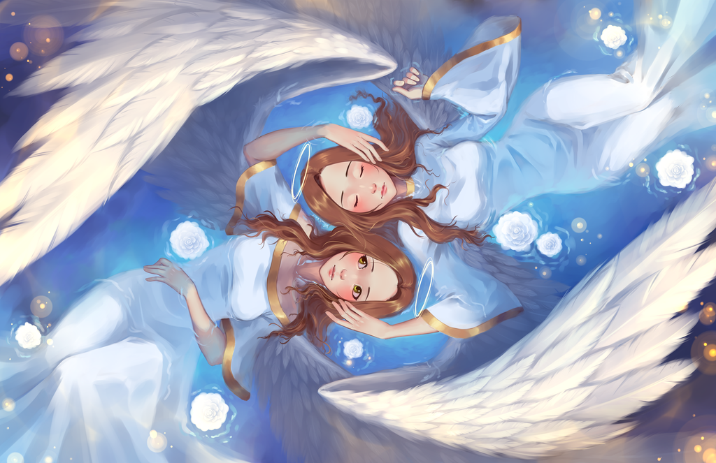 Фото Девушки-ангелы в белых платьях лежат в воде среди цветов, by Lunalli-Chan