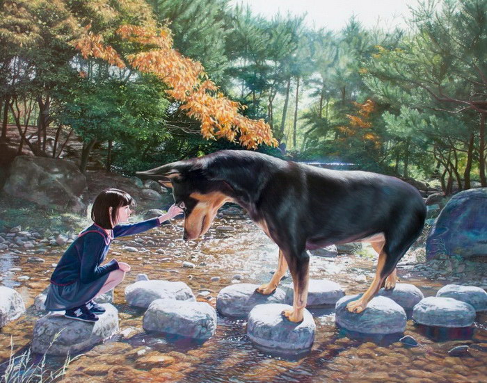 Фото Девушка и огромная собака на камнях посреди ручья, корейский художник Woo Jeong Jae / Ву Джонг Дже