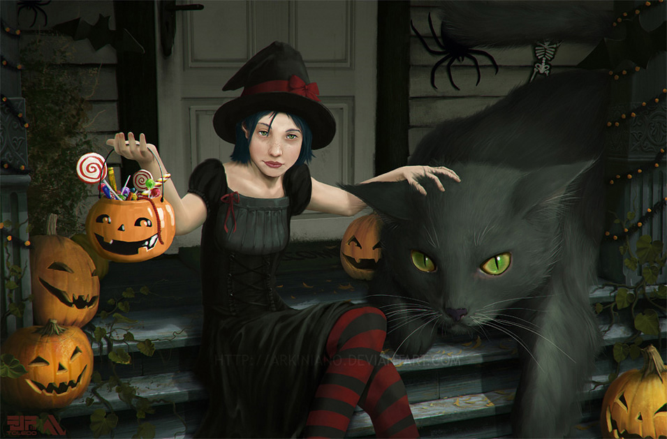 Фото Ведьмочка и огромная черная кошка на крыльце дома в Хэллоуин, by FJFT-Art