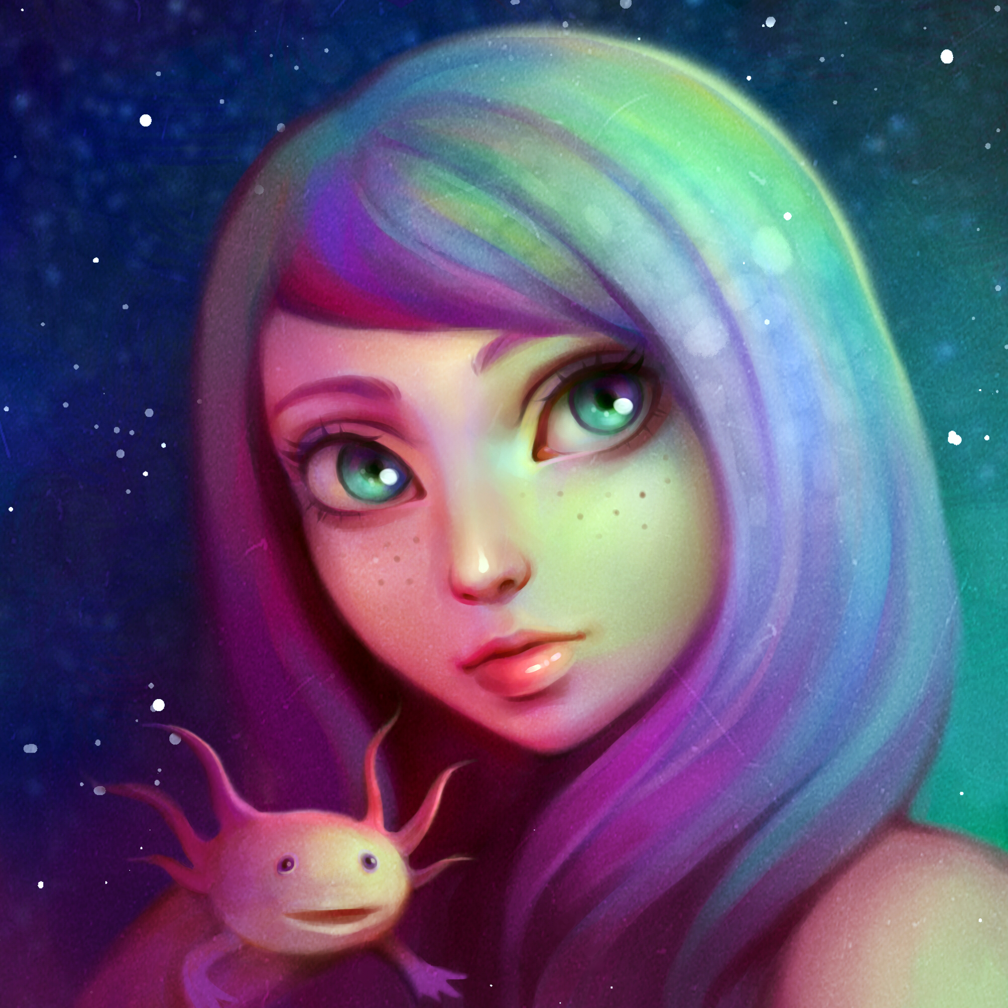 Фото Голубоглазая девушка с цветными волосами и монстриком на фоне ночного неба, by murkinkot