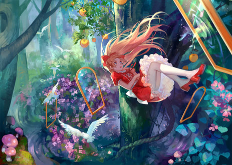 Фото Падающая Алиса в красном платье, аниме Alice in Wonderland / Алиса в стране чудес