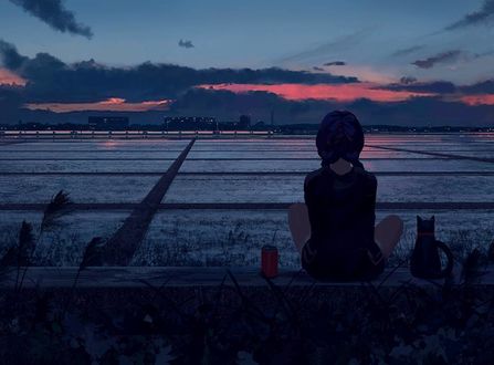 Фото Девушка сидит рядом с котенком на фоне вечернего города, by GUWEIZ
