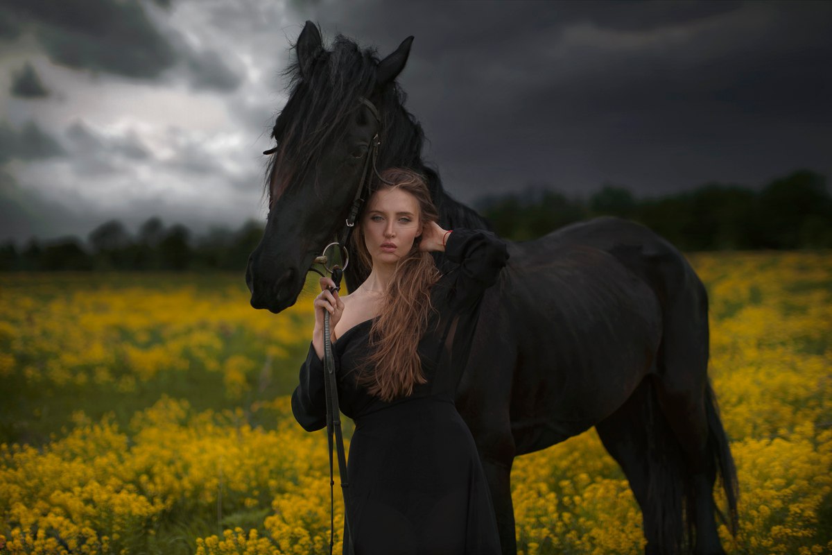 Девушка и лошадь в поле