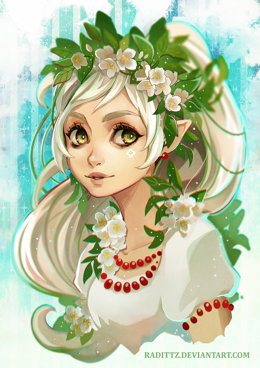 Фото Милая эльфийка с цветами и листочками жасмина на волосах, by Radittz