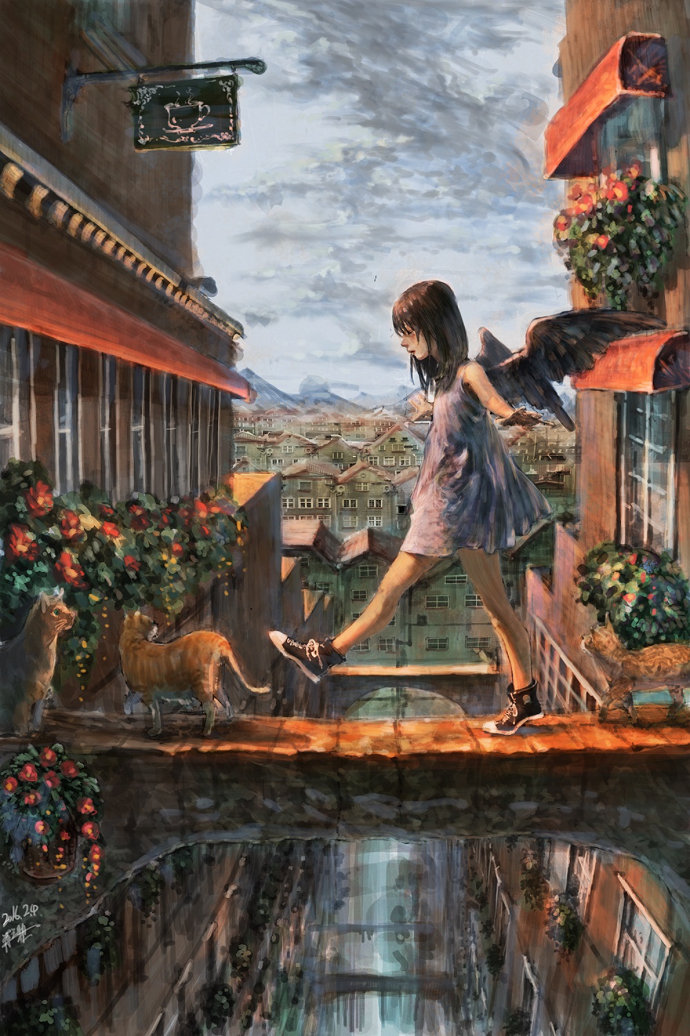Фото Девочка с крыльями за спиной шагает по сооружению между домами к рыжим котам