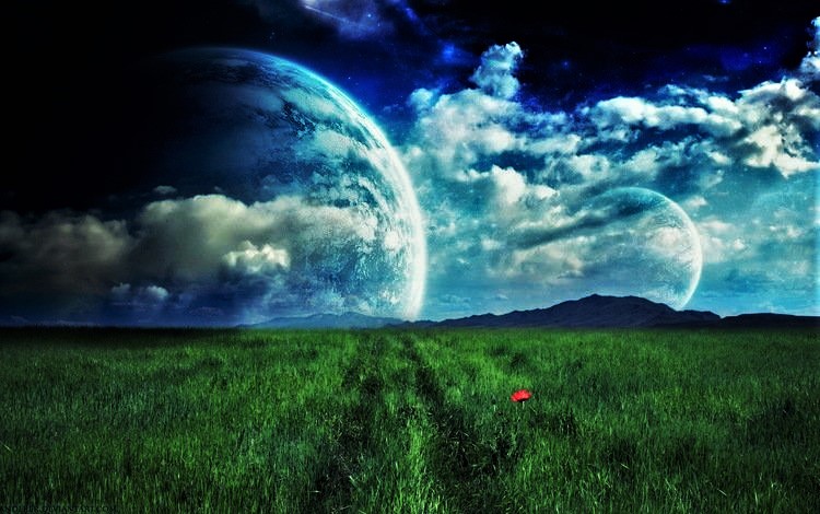 Фото Планеты-спутники на небе, одинокий красный мак в зеленом поле