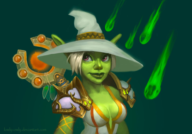 Фото Девушка - гоблин в белой шляпе и с посохом за спиной / арт на игру World of Warcraft, by lowly-owly