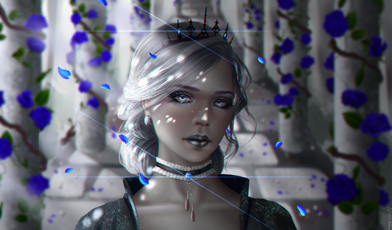 Фото Девушка - леди Тьмы на фоне голубых цветов, by Aoleev
