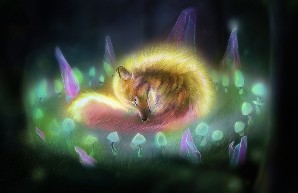 Фото Спящая лиса в окружении кристаллов и грибов, by Followthepaws rt