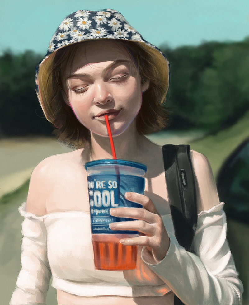 Фото Девушка в шляпке со стаканом напитка в руке, by Dzydar