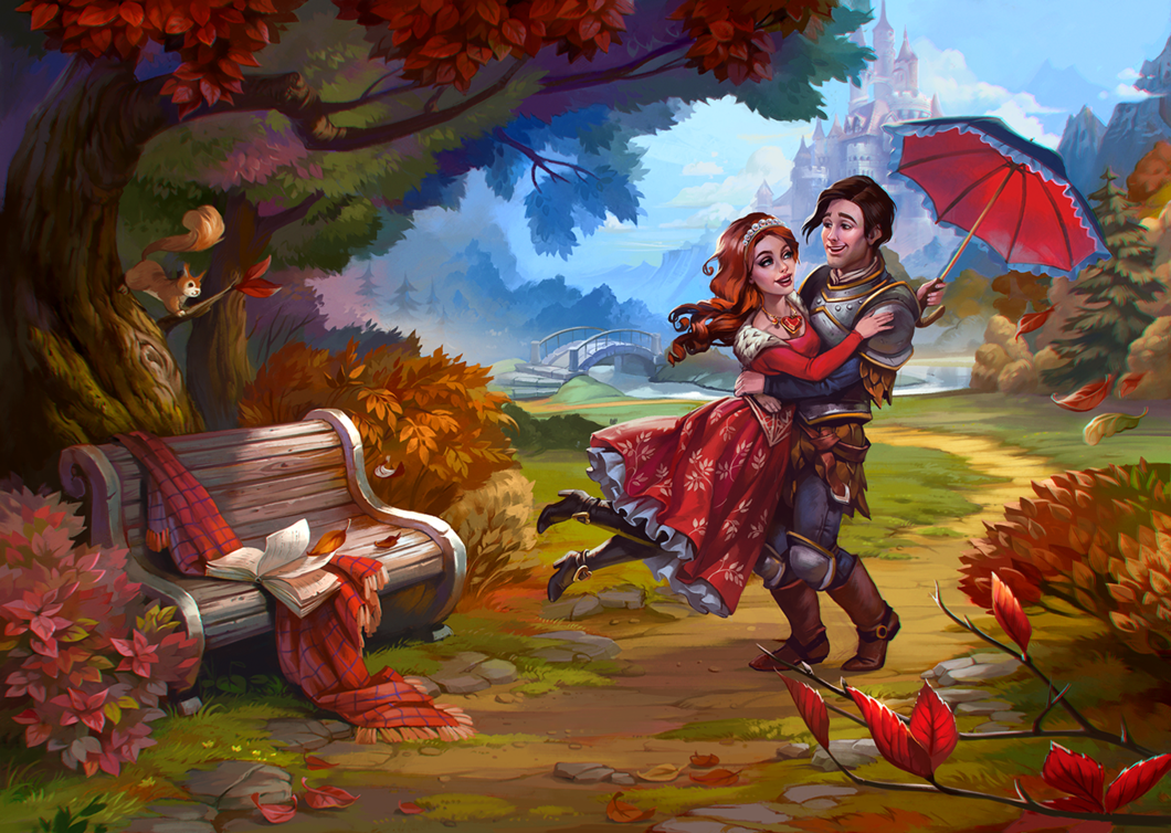 Фото Рыцарь в доспехах и девушка в красном платье кружатся в парке с зонтом на фоне замка, by LeraStyajkina