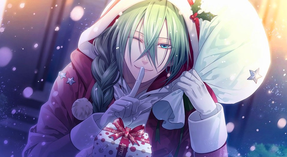 Фото Юкио из аниме Амнезия / Amnesia в костюме Санта Клауса / Santa Claus с подарками, подмигивает, приложив палец к губам