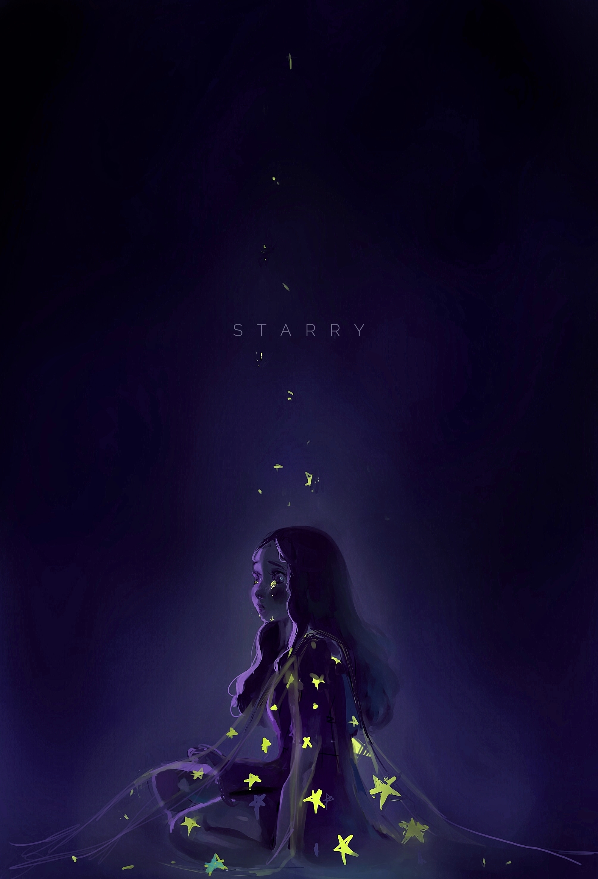 Фото Плачущая девушка, укрытая накидкой со звездным небом, by tieungan (STARRY)