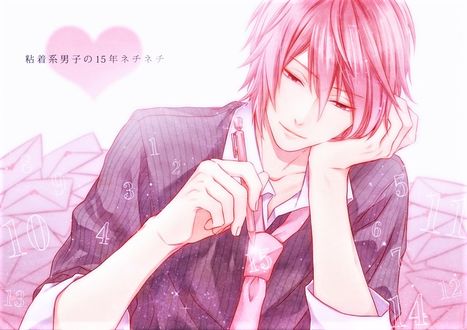 Фото Vocaloid Yuma / Вокалоид Юма с авторучкой в руке на фоне горы любовных писем