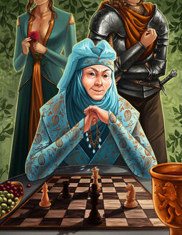 Фото Olenna Tyrell / Оленна Тирелл сидит за столом, а сзади стоят Margaery Tyrell / Маргери Тирелл и Loras Tyrell / Лорас Тирелл из сериала Game Of Trones / Игра Престолов, by sketchtastrophe