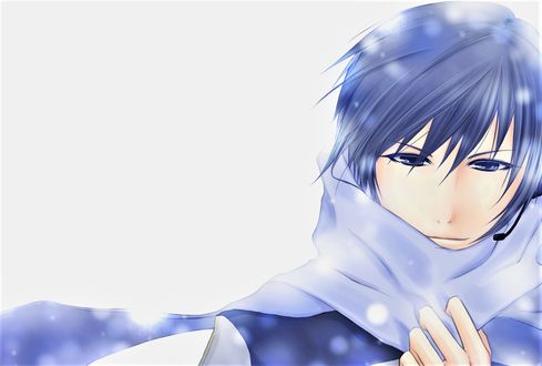 Фото Vocaloid Kaito / Вокалоид Кайто в шарфе под снегопадом