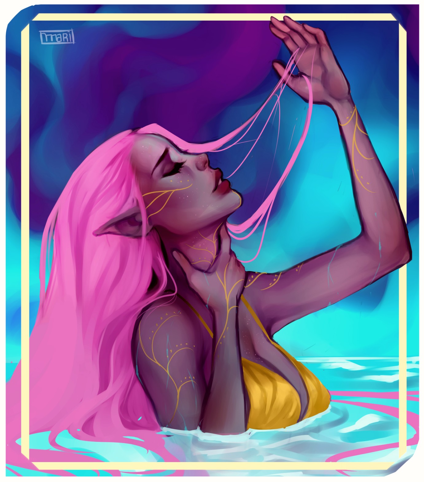 Фото Девушка - эльфийка с розовыми волосами стоит в воде, by cosmogirll