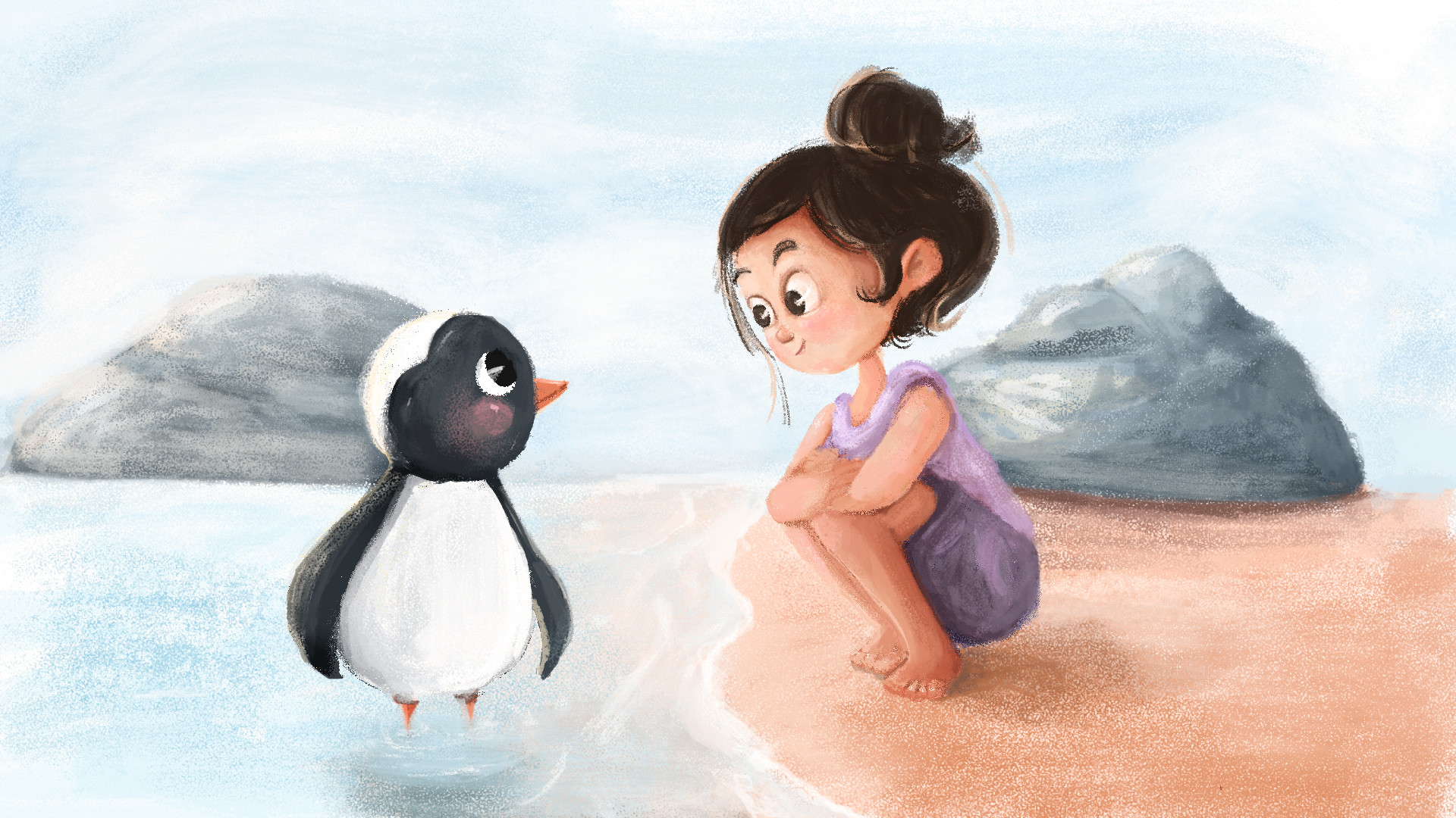 Фото Девочка, сидя на берегу, смотрит на пингвина, который стоит в воде, by elif cansu ozen