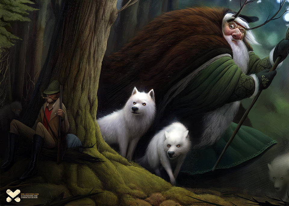 Фото Белые волки с лесным чудищем и охотник у дерева в лесу, by Maxim Kostenko