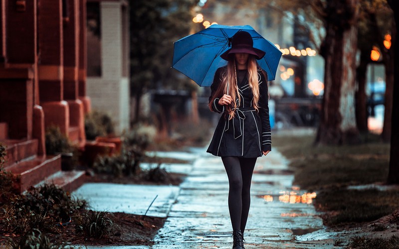 Фото Девушка под зонтиком идет по улице