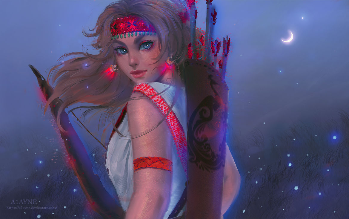 Фото Красивая девушка с луком и стрелами за спиной на фоне ночной природы, by A1ayne