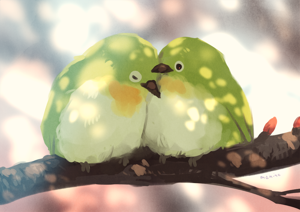 Фото Две влюбленных птички сидят на ветке