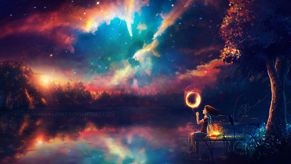 Фото Девочка с воздушным шариком сидит на мостике, гле лежит волшебная книга, вy GeneRazART
