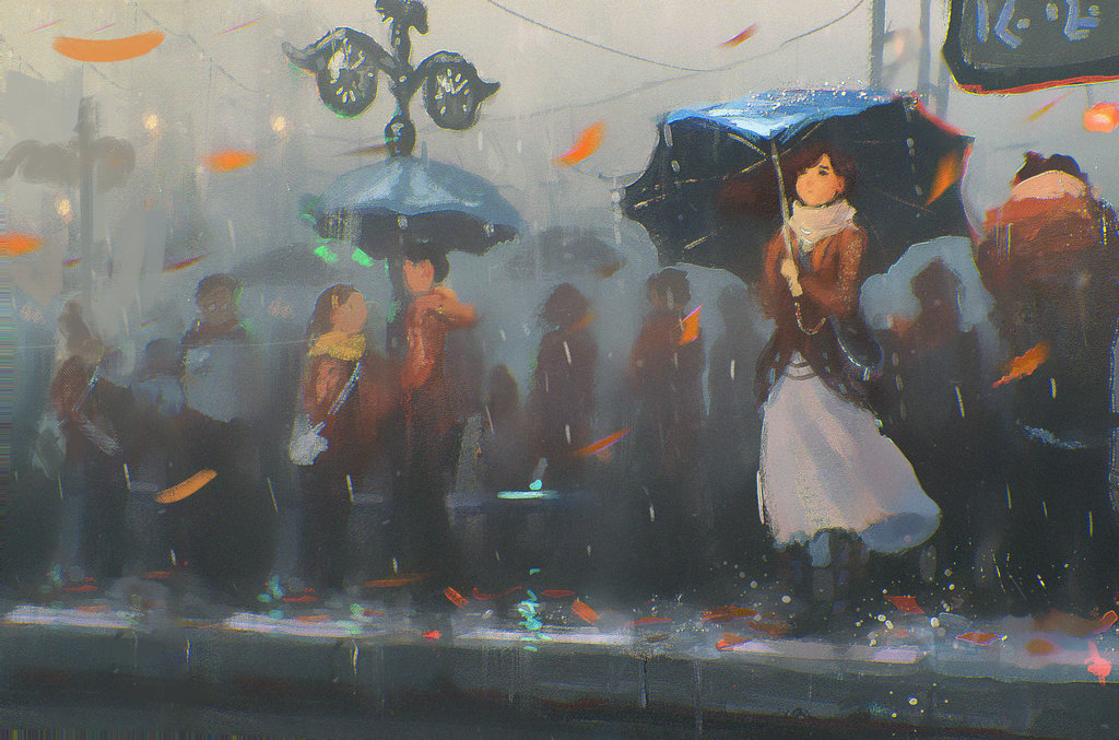 Фото Девушка и люди под дождем стоят у дороги, by Sylar113
