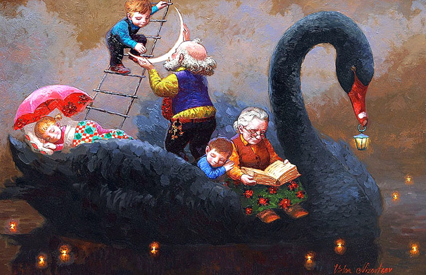 Фото Семья плывет на спине черного лебедя под чтение книги